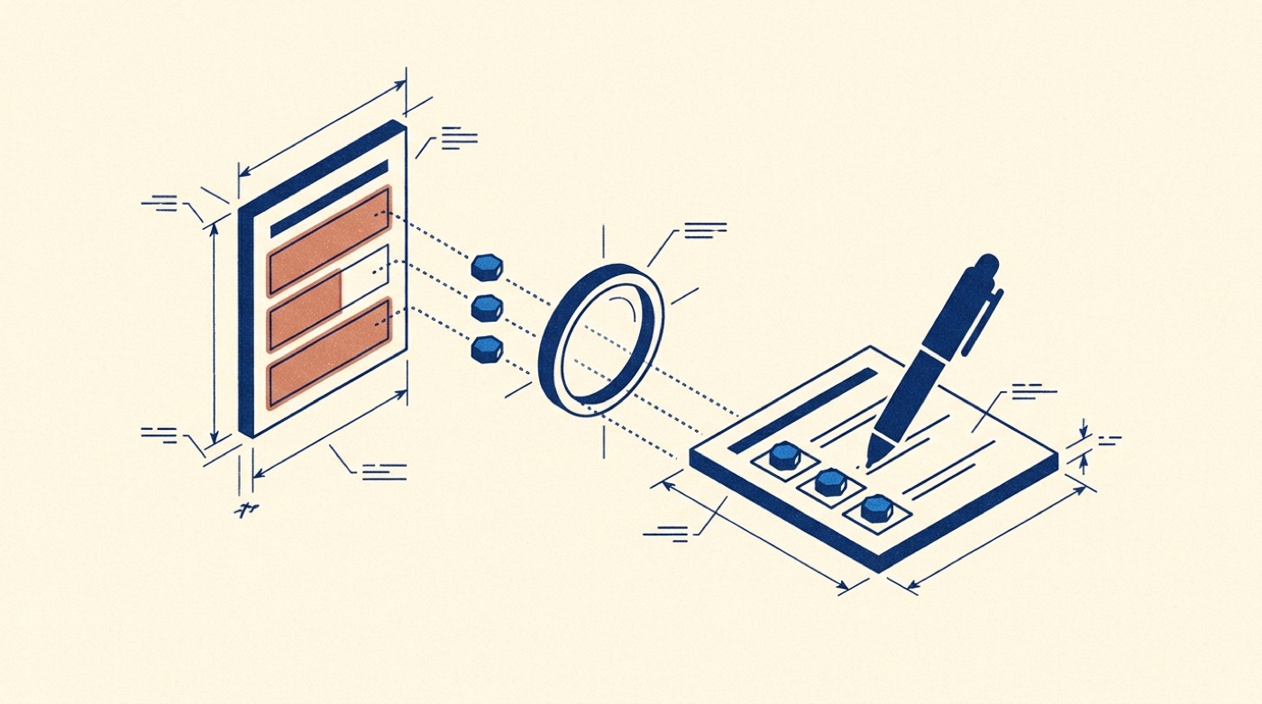Diagram of a source document with highlighted regions on the left, value tiles traveling through a drafting lens, and a pen inking those values into a target form's boxes on the right