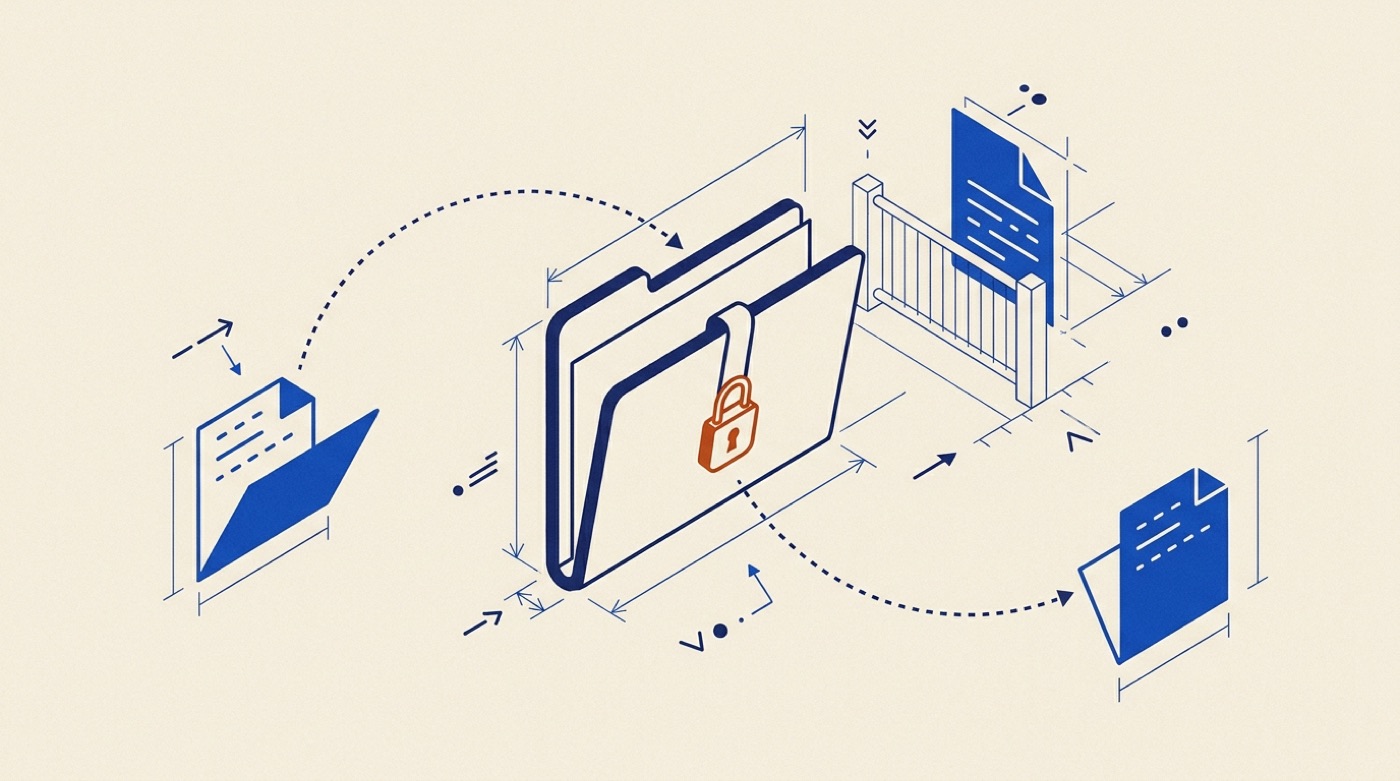 Diagram of two documents flying along dotted arcs into a single dossier folder whose tab carries a padlock seal, with a third document queued behind a gate