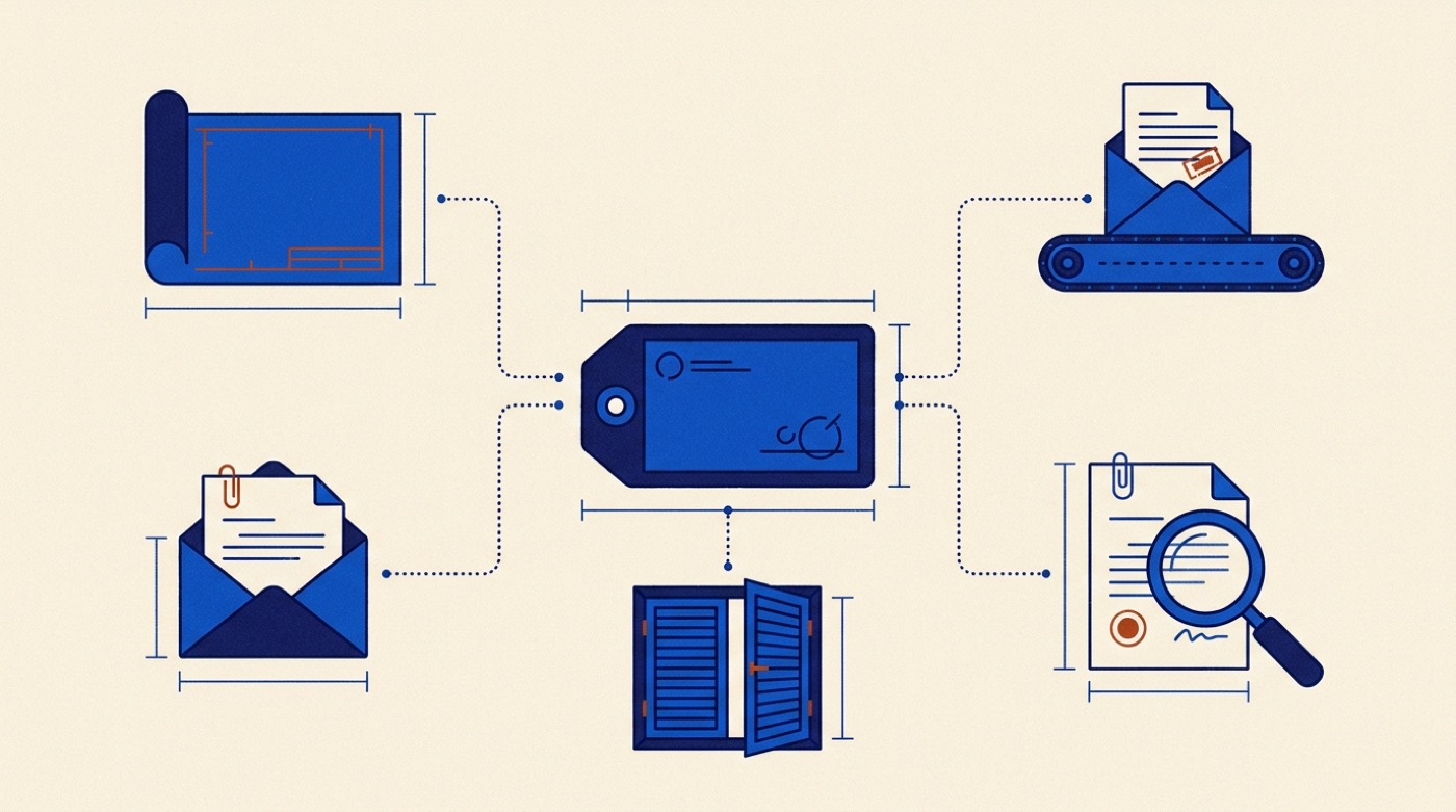 Diagram of a category tag at the center, connected by dotted routing lines to a template blueprint, an email conveyor, an extraction lens, an attachment envelope, and a visibility shutter