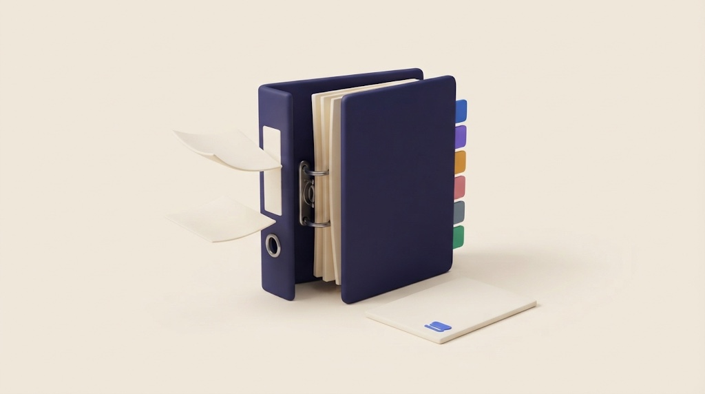Illustration of a ring binder with six colored index tabs, loose sheets drifting into it and a finished document lying in front