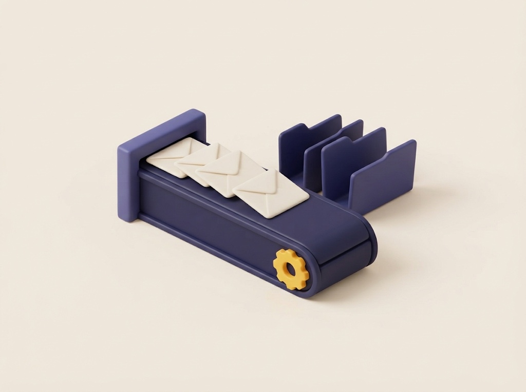 Illustration of a conveyor belt carrying envelopes toward folder bins