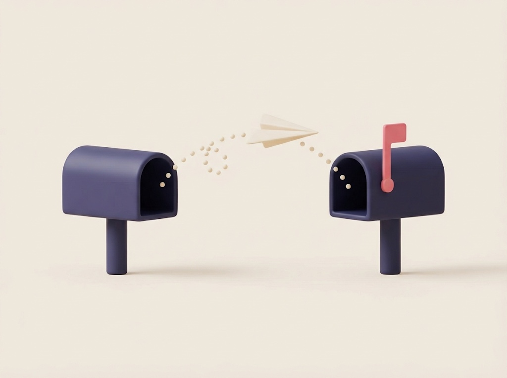 Illustration of a paper airplane flying from one mailbox to another