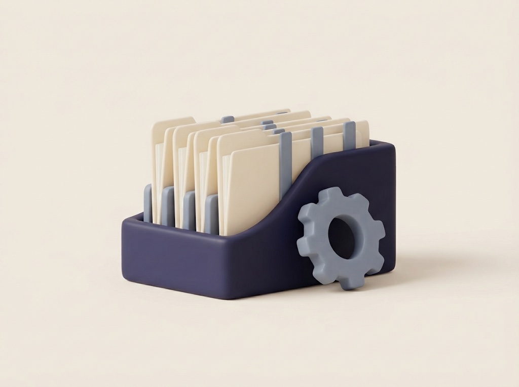 Illustration of a desk organizer holding a row of folders, with a gear leaning against it