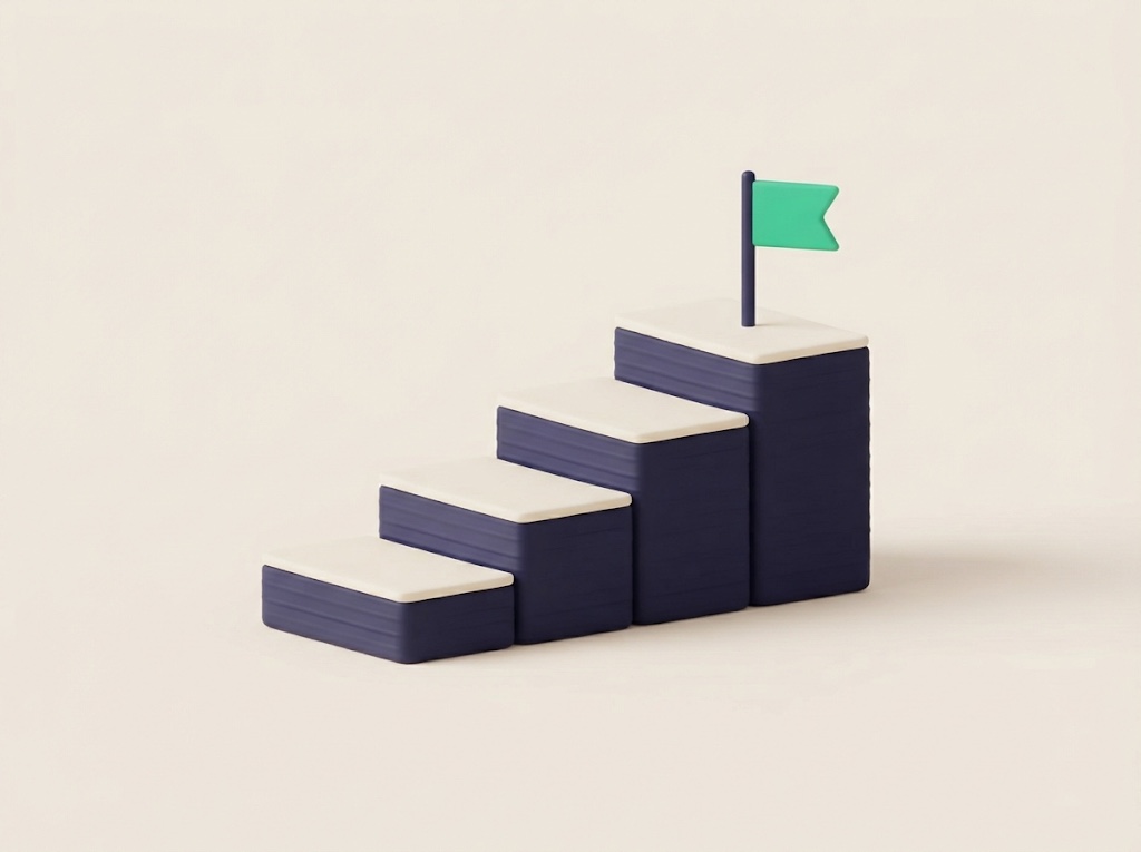 Illustration of a staircase built from stacked documents with a flag on the top step