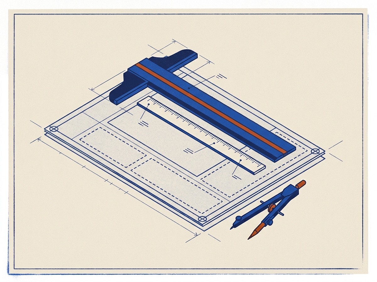 Illustration of a blueprint document under a T-square with dashed field zones