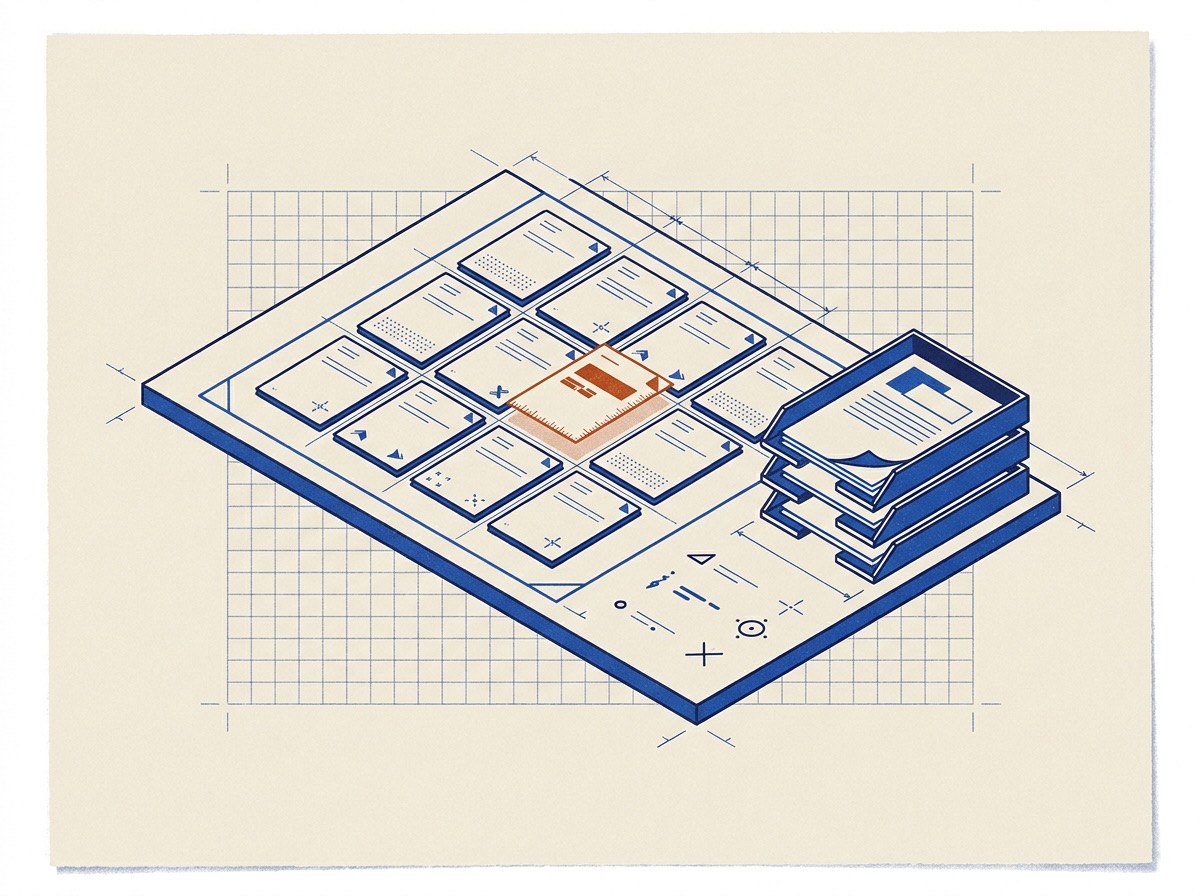 Illustration of a drafting desk with a grid of document cards arranged like a dashboard