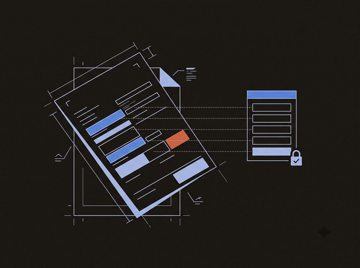 A document with its fields traced by lines into named schema slots