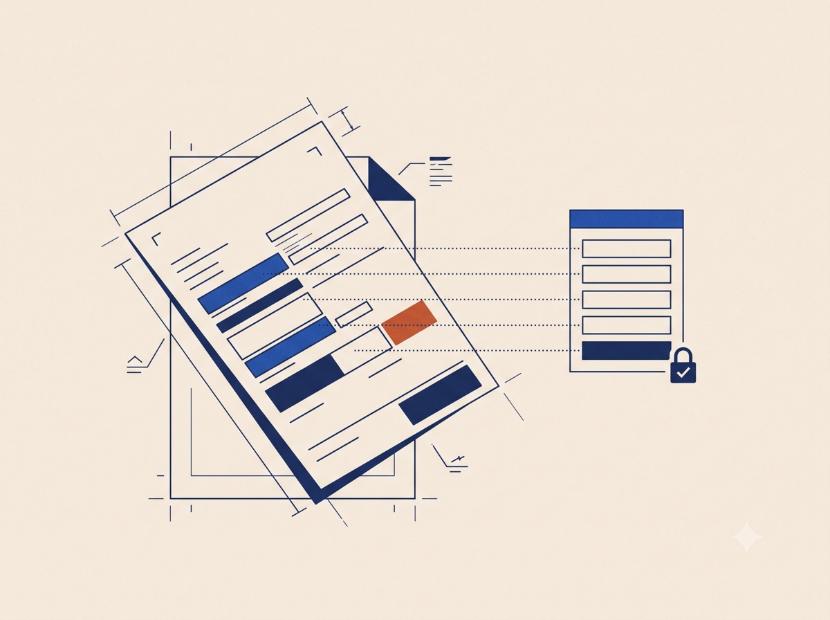 A document with its fields traced by lines into named schema slots